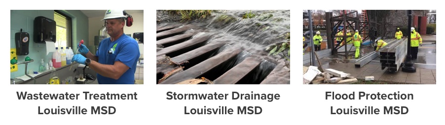 Man working in a lab, storm basin, crew installing floodwall