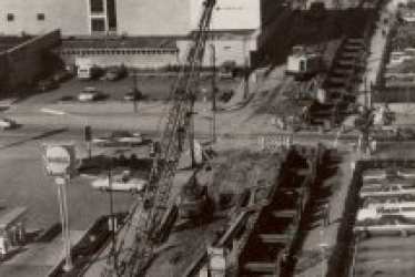 A historical photo of a sewer line project